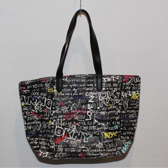 DKNY Ashlee Graffiti Tote Bag NYC Black Multicolor Women’s Purse - Picture 2 of 7